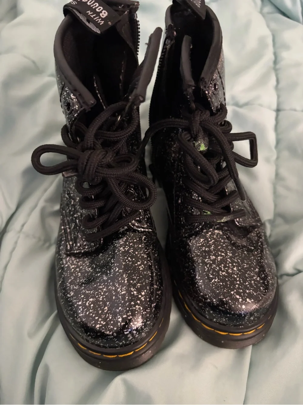 Kids Dr.Martens Black Glitter Lace-Up Boots